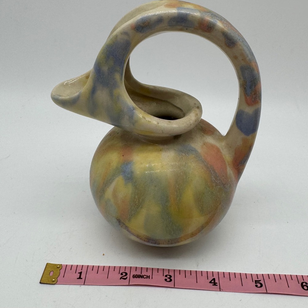 Vintage MCM Sculptural Loop Handle Ewer Vase Pastel Drip Glaze Pitcher Art Deco - Picture 8 of 10